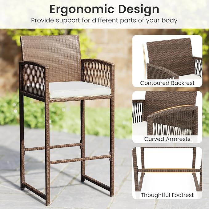 Tangkula Patio Bar Stools Set of 2, PE Rattan Bar Height Chairs with Backrests, Armrests, Footrests & Soft Cushions, Outdoor High Top Barstools with Metal Frames for Backyard (2 Pack)