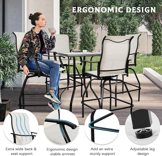 LEVELEVE Patio Bar Set 5pcs Swivel Bar Stools Outdoor Bistro Textilene Furniture Stability All-Weather Set with Height Table (5, Beige Fabric)