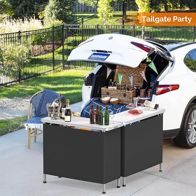 VINGLI 43" Portable Bar Table with Pole, 3-Tier Shelves, Mobile Bar Table for Events, Party, Camping, Picnic, Tradeshow, Indoor with Black Skirt