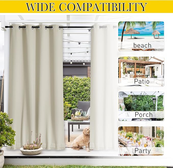 NICETOWN 2 Panels Weighted Outdoor Curtains for Patio Waterproof, Top & Bottom Grommet & Back Tab Fixed Outdoor Curtains Windproof Drapes Thermal Insulated for Pergola, W84 x L95, Beige
