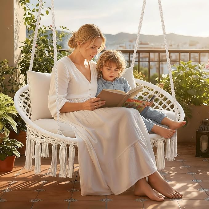 MoNiBloom Double Swing Chair with 3 Cushions for Outside, Large Hanging Macrame Swing Chair for Indoor/Outdoor Relax, Adult Hammock Boho Chair Max 700 lbs Capacity for Porch Balcony Backyard, Beige