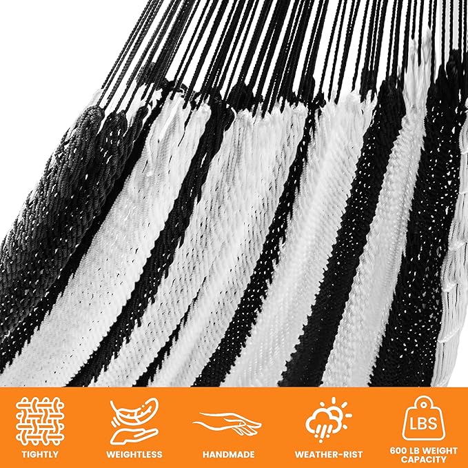 Lazy Daze Hammocks Handwoven Mayan Hammock, 10.5 FT Soft Rope Double Hammocks, Portable Outdoor Hammock with Carry Bag, 2 Straps & Carabiners for Patio Outside, 550 lbs Weight Capacity, Black/White