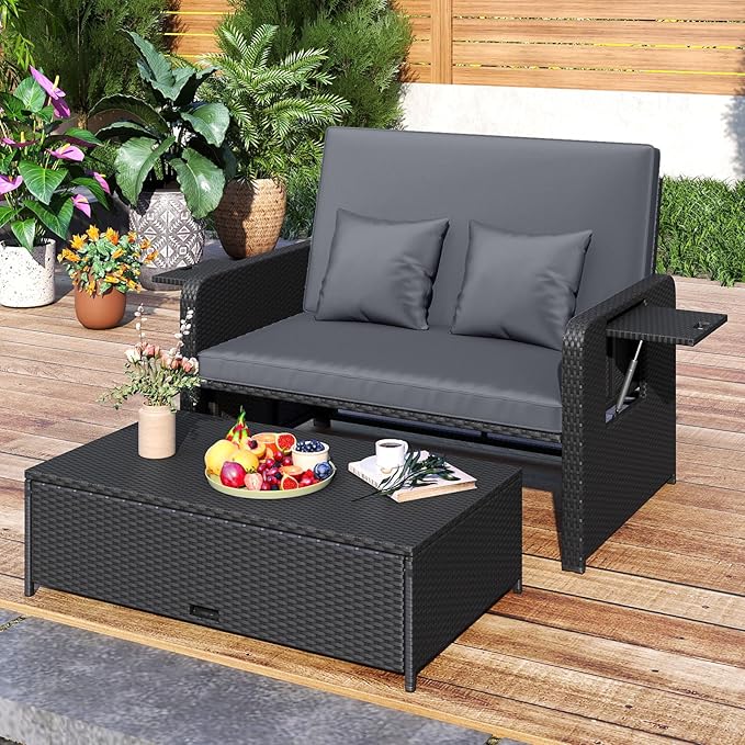 HAPPYGRILL Patio Rattan Wicker Daybed with Loveseat & Storage Ottoman, Outdoor Lounge Sofa Furniture Set with Adjustable Backrest & Side Trays, for Poolside Deck Porch Lawn (Black & Gray)