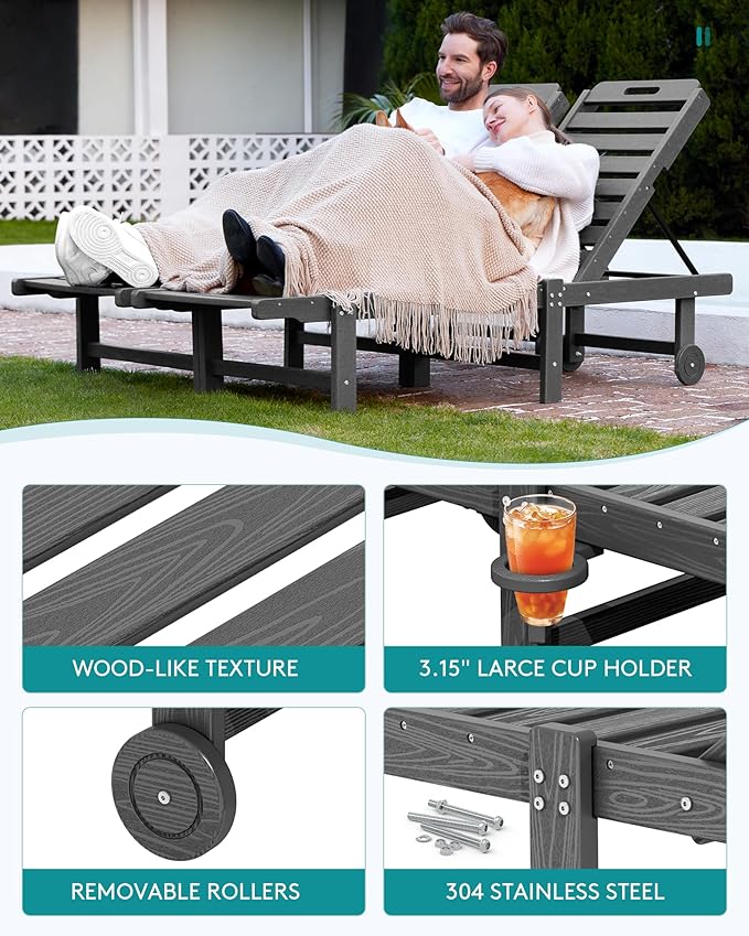 SERWALL Outdoor Chaise Lounge Set of 2 with 9FT Patio Umbrella, HDPE Pool Lounge Chair with 5-Position Adjustable Backrest, Patio Lounger with Rolling Wheels & Cup Holder for Pool, Grey