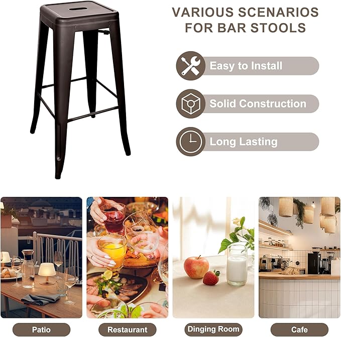 Elevon 30 Inches Metal Bar Stools, High Backless Stools, Indoor Outdoor Stackable Kitchen Stools, Set of 4, Brown