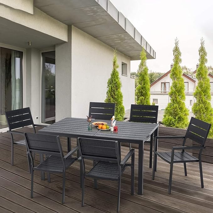 AECOJOY 7 Piece Outdoor Dining Set, 60" x 36" Aluminum Patio Table and Chairs Set for 6 with Rectangular Table and Stackable Chairs for Garden, Backyard, Black