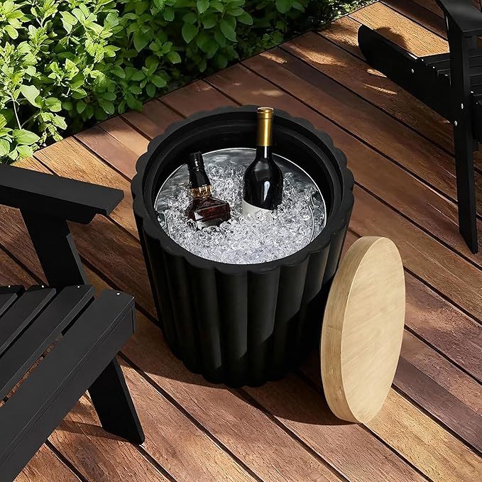LuxenHome 20" Black Outdoor Side Table with Storage, Fluted Outdoor End Table with Metal Ice Bucket for Patio, Outside Accent Table for Balcony, Garden, Yard
