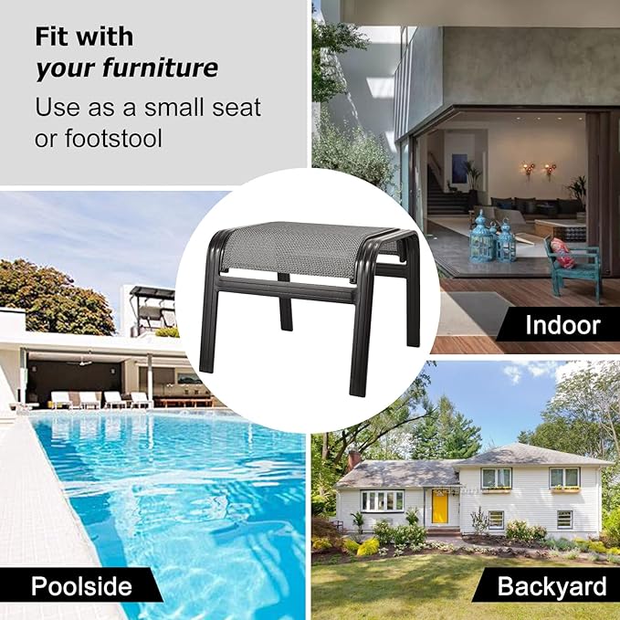 Outdoor Foot Rest for Patio Ottomans Metal Seat Patio Footstools Furniture Outside Stools Small Chair 2 Set Grey, 2 Pack-grey, 22inch*20inch*17inch