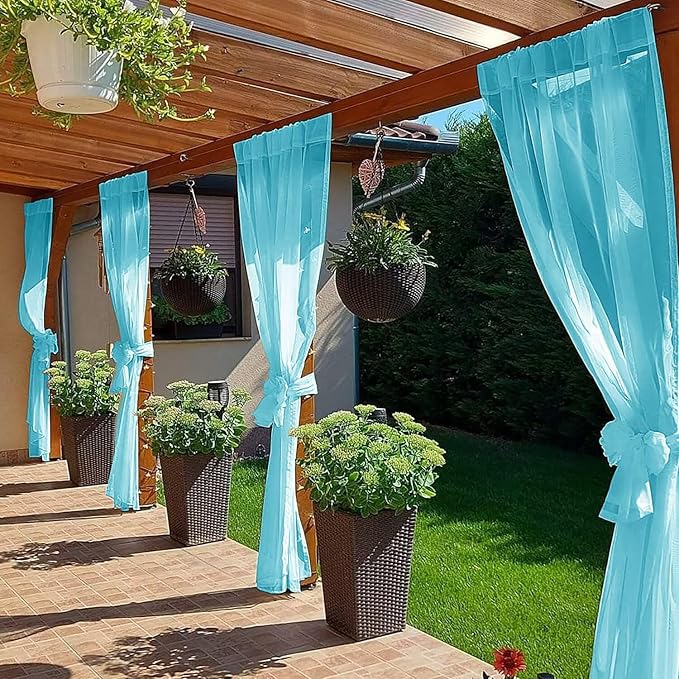 SpaceDresser Waterproof Outdoor Sheer Curtains for Patio - 2 Panels Rod Pocket Indoor Voile Sheer Curtain for Living Room,52W x 120L inch,Aqua