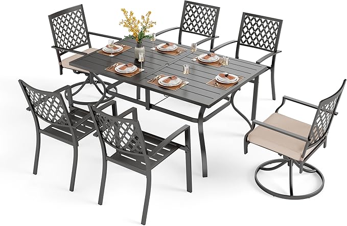 PHI VILLA 7 Pieces Outdoor Dining Set for 6, 60” Rectangular Black Metal Table with Umbrella Hole & Fixed Swivel Chairs Combo, Outside Furniture for Patio, Deck, Backyard, Porch