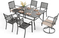 PHI VILLA 7 Pieces Outdoor Dining Set for 6, 60” Rectangular Black Metal Table with Umbrella Hole & Fixed Swivel Chairs Combo, Outside Furniture for Patio, Deck, Backyard, Porch