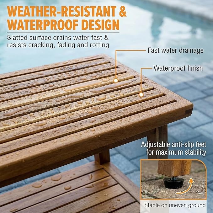 ENKEZI Small Acacia 16 Inches Outdoor Side Table, 2-Tier Sturdy Patio, End Table Weather Resistant, Strong Stability Side Table for Patio, Pool, Porch, Teak Finish (Small)