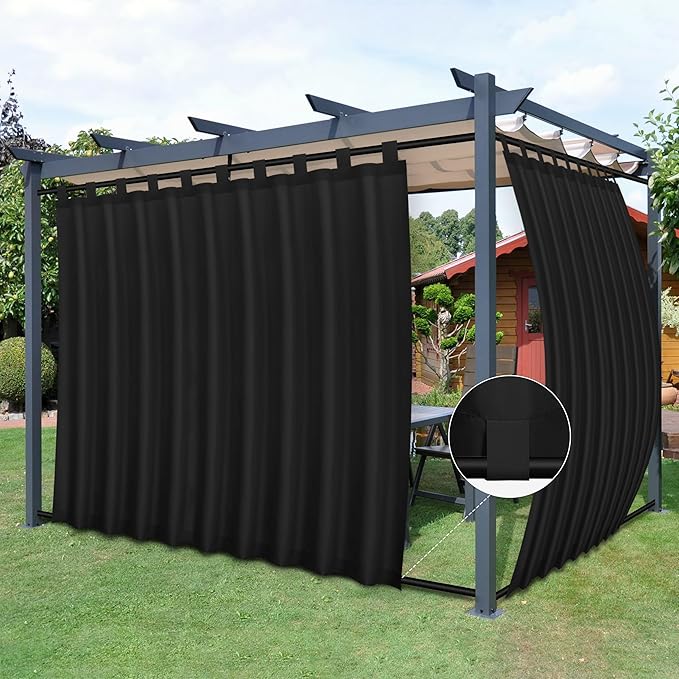 Easy-Going Outdoor Patio Curtains Detachable Tab Top Windproof Weatherproof Curtain for Cabana, Porch, Pergola and Gazebo, Tab Bottom Drape, 2 Panels, 110W x 120L inch, Black
