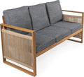 JONATHAN Y SFB1002B Gable 3-Seat Mid-Century Modern Roped Acacia Wood Outdoor Sofa with Cushions Scandinavian, Classic, Transitional, Industrial for Backyard, Patio, Porch, Gray/Teak Brown