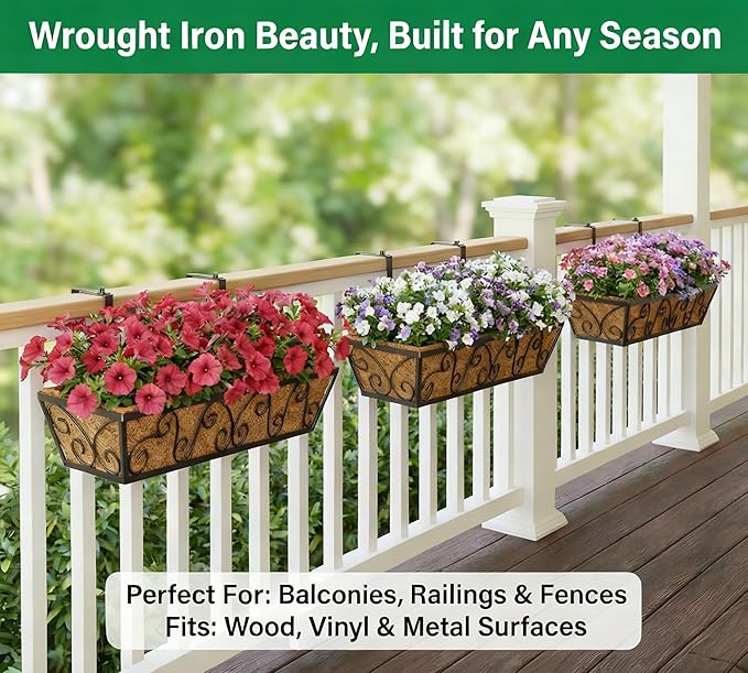 Y&M 30 Inch Butterfly Window Deck with Coco Liner, Fence Metal Hanging Flower Planter Window Basket Deck Railing Planter Boxes for Outdoor Garden Lawn 6pcs