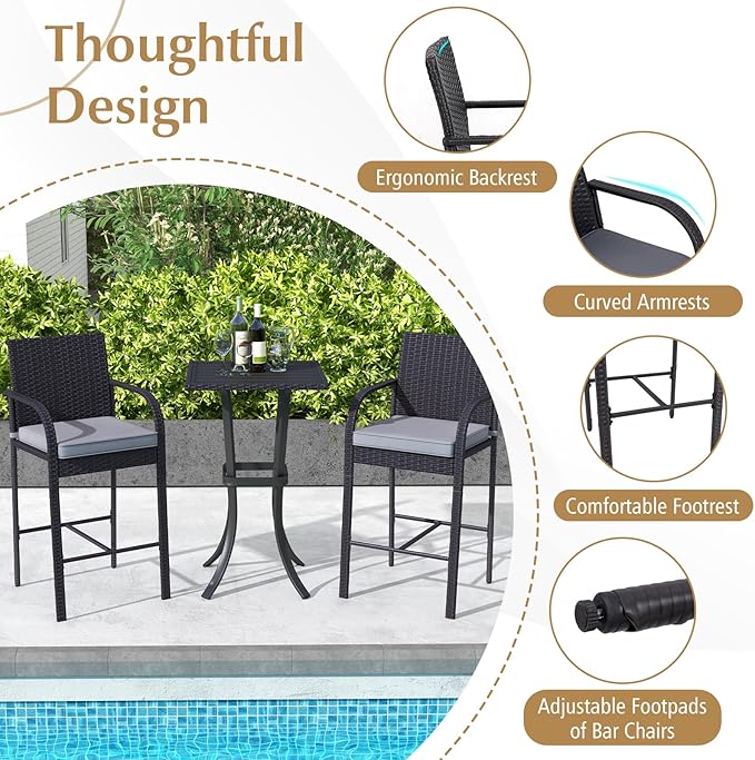 Tangkula 3 Piece Patio Wicker Bar Set, Outdoor Rattan Counter Height Cushioned Chairs & Square Table with Heavy-Duty Metal Frame, for Balcony, Backyard, Poolside