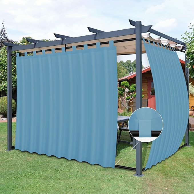 Easy-Going Outdoor Patio Curtains Detachable Tab Top Windproof Weatherproof Curtain for Cabana, Porch, Pergola and Gazebo, Tab Bottom Drape, 2 Panels, 110W x 108L inch, Sky Blue