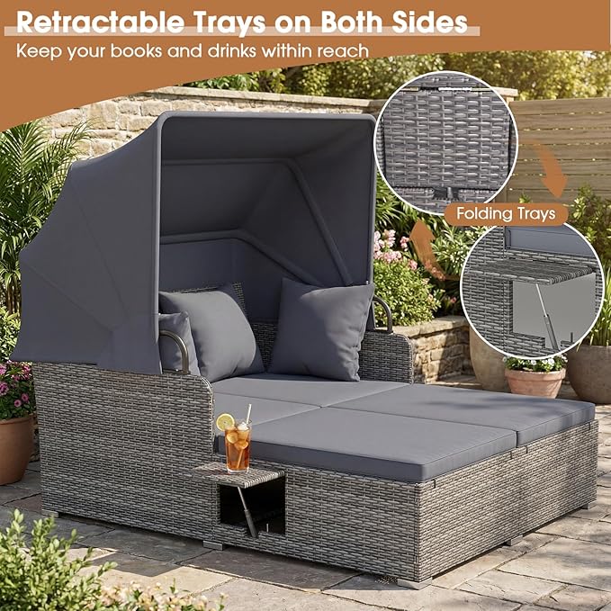 RELAX4LIFE Patio Outdoor Daybed with Canopy, Wicker Rattan Sunbed w/Cushions, 4 Pillows & 2 Retractable Side Trays, 2-Person Lounge Bed Conversation for Poolside Porch Garden (Gray-Grey)