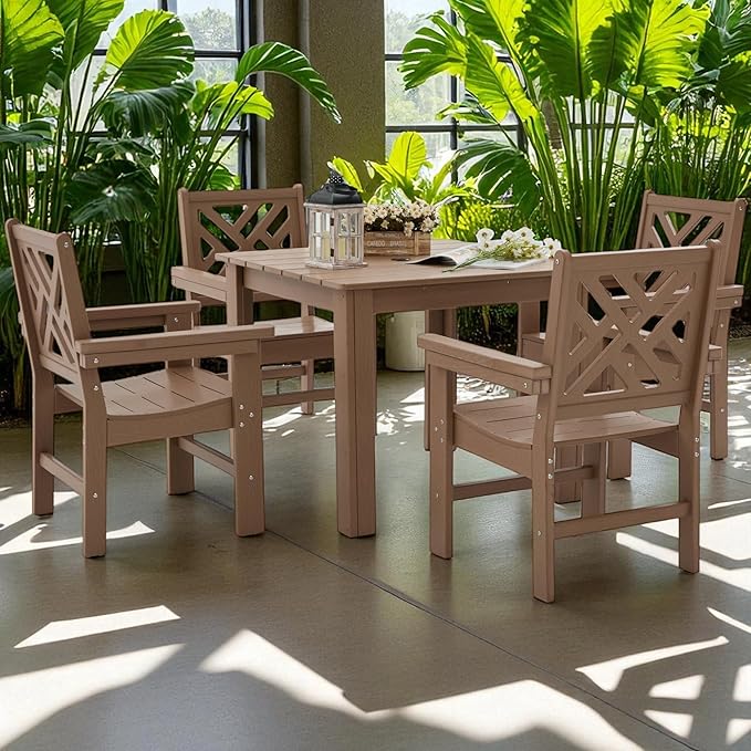 HDPE Outdoor Dining Set,5-Piece Outdoor Table and Chairs Include 4 Armchair Chairs and 35.5" Square Patio Dining Table with Umbrella Hole (Brown)