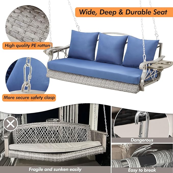 Heavy Duty 900 LBS Porch Swing Chair 3-Person Outdoor Rattan Patio Swing Lounge w/Cup-Holder & Steel Chains Wicker Hanging Bench Porch Swing Cushions for Deck & Backyard & Garden