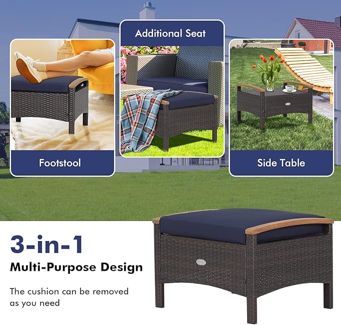 Tangkula 2 Piece Patio Rattan Ottomans, Outdoor Wicker Footstool w/Acacia Wood Handles, Soft Zippered Cushions, 3-in-1 Function Footstool Seat & Side Table for Backyard, Balcony, Poolside (Navy)