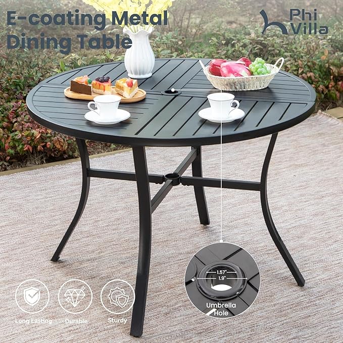 PHI VILLA 5 Pieces Outdoor Round Dining Set for 4, Wrought Iron Circle Table with Umbrella Hole & Stacking Metal Chairs, Modern Furniture Set for Patio, Deck, Backyard, Porch