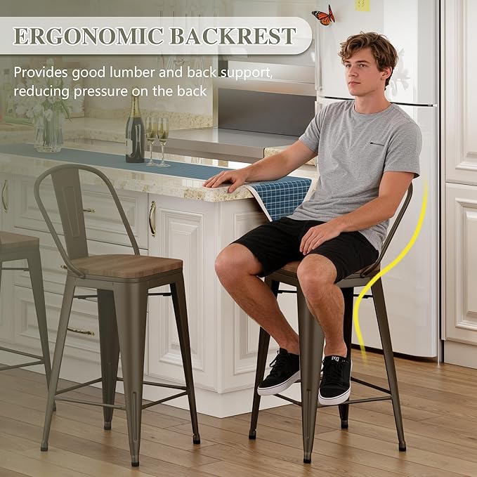 Yongqiang 30 inch Metal Bar Stools Set of 4 Bar Height Stools Kitchen Island Barstools Modern Farmhouse High Back Bar Chairs with Large Wooden Seat Rusty