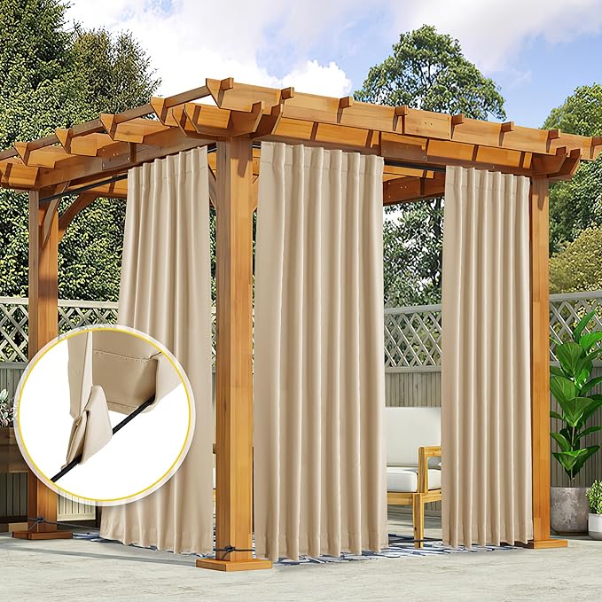 NICETOWN 2 Panels Outdoor Curtains for Patio Waterproof & Windproof, Thermal Insulated Top & Bottom Pocket & Back Tab Light Block Outdoor Drapes with Bonus Rope for Fixed, Biscotti Beige, W52 x L95