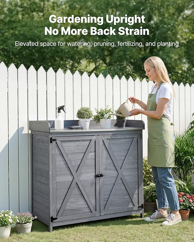VEVOR Potting Bench Table, Outdoor Gardening Wooden Storage Cabinet with 39 x 19 in Wood Tabletop, Garden Planting Workstation with Large Storage Space for Patio, Backyard, Gray
