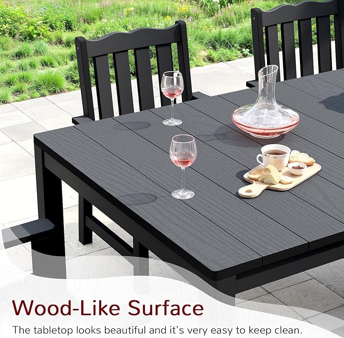 Stoog 7 Pieces Patio Dining Sets, All-Weather HIPS Material & Aluminum Frame Dining Table with 2" Umbrella Hole, Outdoor Dining Table Set for 6, Never Rot or Fade, Black