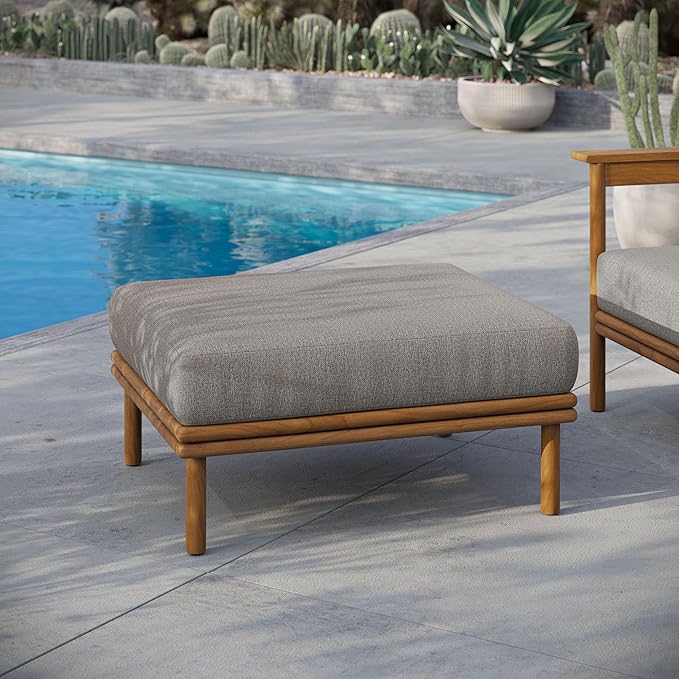 Modway Wren Teak Wood Outdoor Ottoman in Natural Driftwood