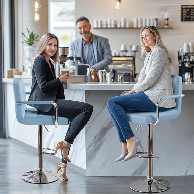 Yaheetech Bar Stools Set of 4, PU Leather Adjustable Swivel Barstools, Hydraulic Kitchen Counter Height Chairs with Armrest and Back for Kitchen, Dining Room, Blue