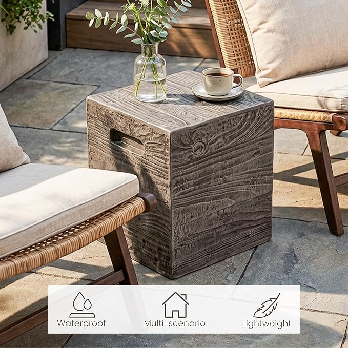 COSIEST Wooden Outdoor Side Table, Square MgO Concrete End Patio Side Table, Lightweight Cylinder Top Plant Stand with Square Base for Garden and Deck