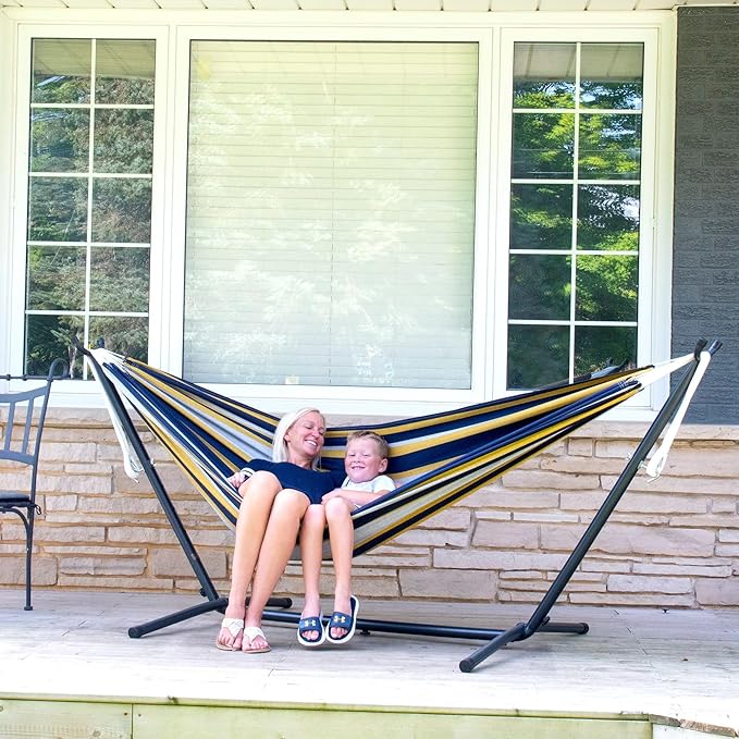 Vivere Double Cotton Hammock with Space Saving Steel Stand, Upgraded Polyester End Strings 450 lb Capacity - Premium Carry Bag Included -(Serenity)