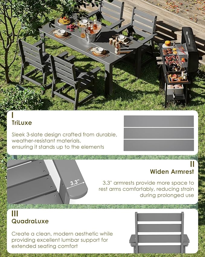 GREENVINES 7-Piece Outdoor Dining Set | HDPE | Patio Table and Chairs Sets for 6 | Patio Furniture | All Weather | Umbrella Hole | Grey | for Backyard Poolside Garden