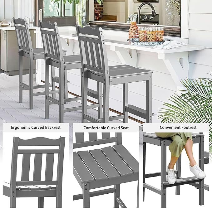 nalone Outdoor Bar Stools Set of 2, HDPE Tall Adirondack Chairs Bar Chairs, Weather Resistance Bar Height Chair for Balcony, Garden, Yard, Backyard (Grey, Bar Chairs Set of 2)