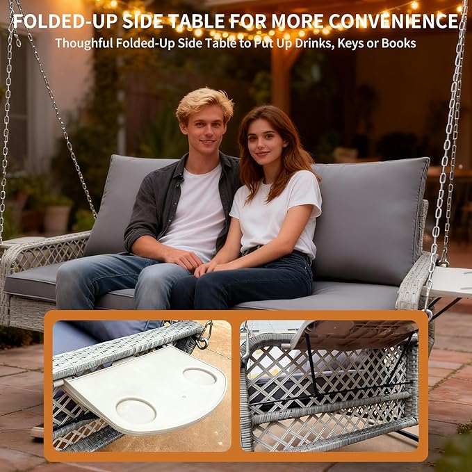 Wicker Porch Swing | 2 Seat Outdoor Porch Swing I 700lbs Heavy Duty Rattan Hanging Bench with Full Seat Cushions & Upgraded Cup Holder for Backyard, Patio, Porch, Gazebo, Garden(Gray)