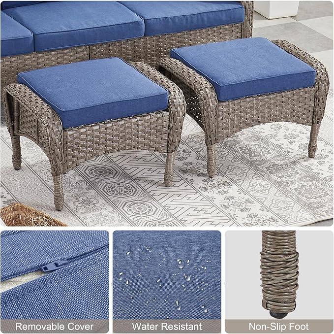 Belord Outdoor Ottomans for Patio Foot Rest - 25 Inch PE Wicker Foot Stool Set of 2 with Removable Cushions for Patio Furniture Sets,All Weather Rattan Ottoman for Balcony Deck Backyard Brown