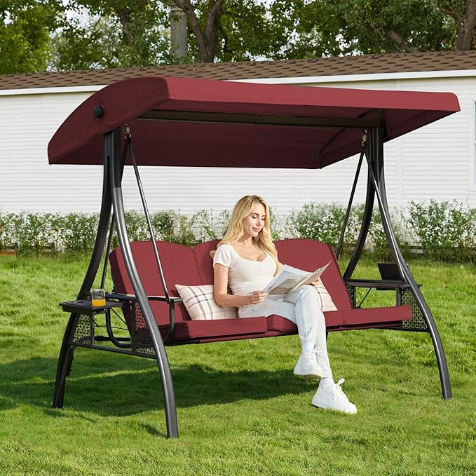 3-in-1 Convertible Outdoor Swing for Adults, Outdoor Porch Swing with Stand 800lb Bearing Capacity, 3-Seat Outdoor Swing with Canopy Adjustable, Thickened Cushions (Square, Wine Red)