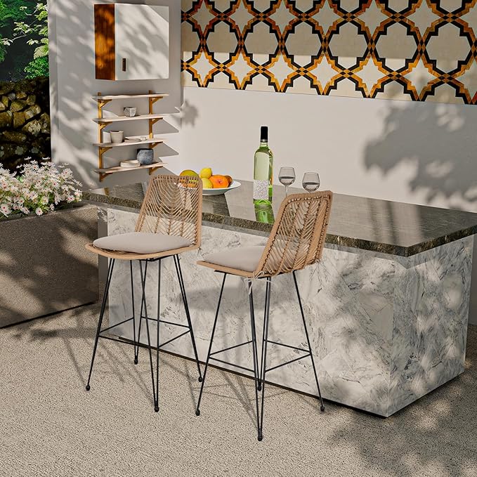 IDZO 400lbs Capacity Rattan Bar Stools Set of 2, 29-Inch Height, Outdoor & Indoor Use, Comfort Cushion, Solid Steel Frame, Durable Powder Coating, Easy Assembly, Ideal for Kitchen Island & Patio