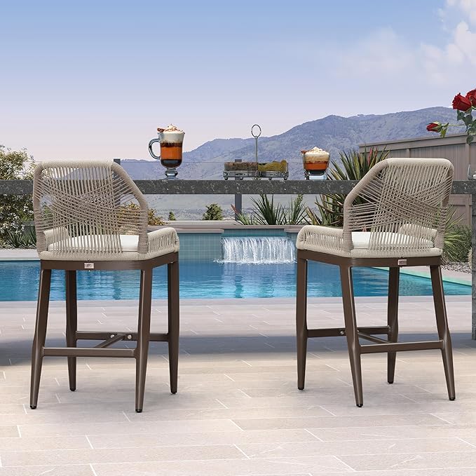 PURPLE LEAF Patio Bar Stool Counter Height Set of 2 Outdoor Rattan Chairs with Back Modern Aluminum Woven Barstools for Garden Indoor Kitchen Coffee