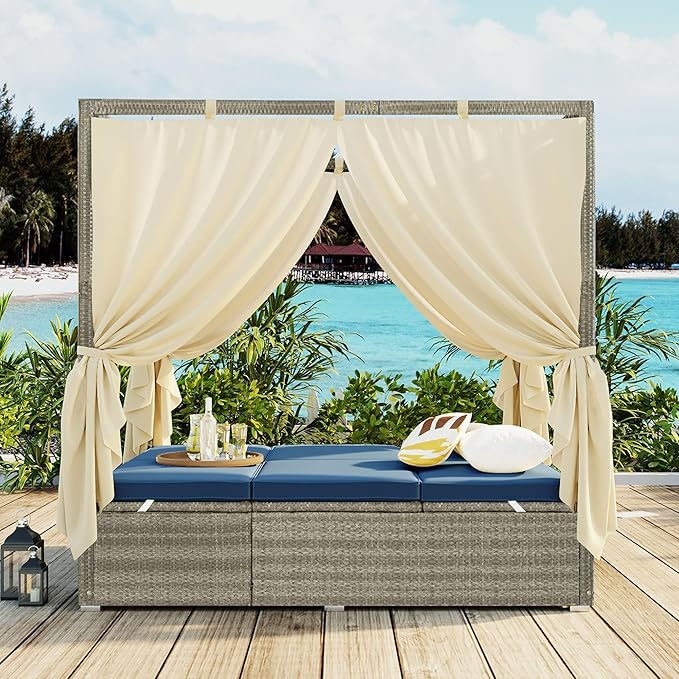 Patio Chaise Lounge,PE Rattan Outdoor Patio Wicker Adjustable Outdoor Sun Bed with Four-sided Canopy and Comfortable Blue Cushion – Versatile Use for Patio, Garden, and Poolside