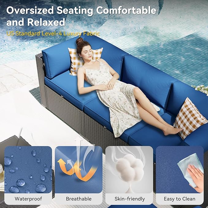Aoxun Patio Furniture Set, 11 Piece Outdoor Sectional Sofas with Waterproof Cover, 10 Seats Wicker Rattan Outdoor Furniture Patio Conversation Set for Backyard, Garden Navy Blue