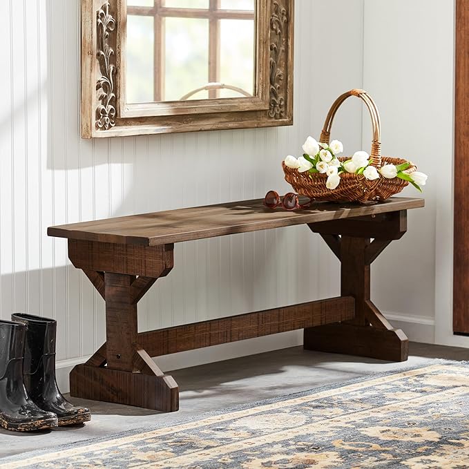 Backyard Discovery 46" Meranti Wood Farmhouse Bench with Walnut Stain, Designed for Indoor and Outdoor Use, Entryway, Living Room, Garden, Patio, Porch, Deck