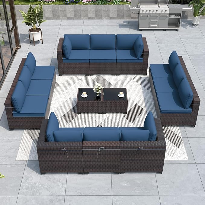 ALAULM Patio Furniture Set with Coffee Table, 14 Pieces Outdoor Sectional with Wide Seat and Thick Cushion, All Weather Wicker Rattan Conversation Set for Backyard, Garden, Deck, NavyBlue