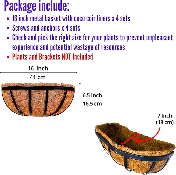 LaLaGreen Wall Planters for Outdoor Plant (16 Inch, 4 Pack) Deck Railing Planter Boxes for Outside Plants Window Flower Box with Coco Liners Metal Horse Troughs Fence Garden Herb Patio Porch over Rail