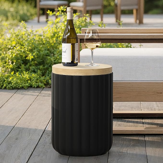 LuxenHome 20" Black Outdoor Side Table with Storage, Fluted Outdoor End Table with Metal Ice Bucket for Patio, Outside Accent Table for Balcony, Garden, Yard