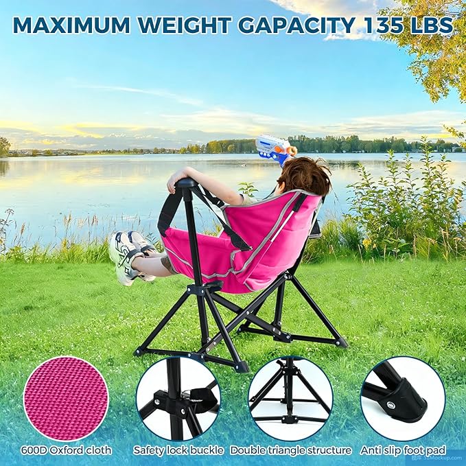 Kids Hammock Chair,Adjustable Kids Camping Chair,Folding Chair with Stand,Portable Hammock Chair for Camping, Travelling and Patio,Green,Supports 135 LBS (Pink)