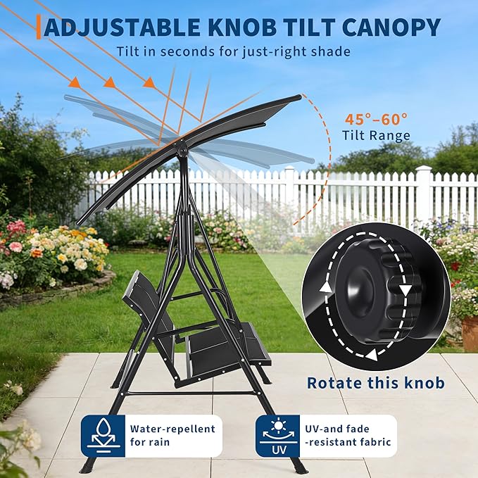 Porch Swing with Adjustable Canopy for Adults 2-Seat Outdoor Waterproof Textilene & Steel Frame Patio Swing Bench for Backyard Lawn Garden Black