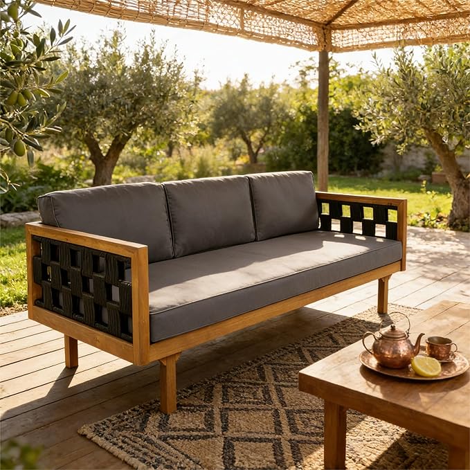 Christopher Knight Home Rosie Acacia Wood Outdoor Daybed Sofa with Water-Resistant Cushion, Solid Wood Patio 3 Seater Sofa Couch, Patio Garden Lounge Sofa with Woven Rope Accent, Black+Teak+Dark Gray